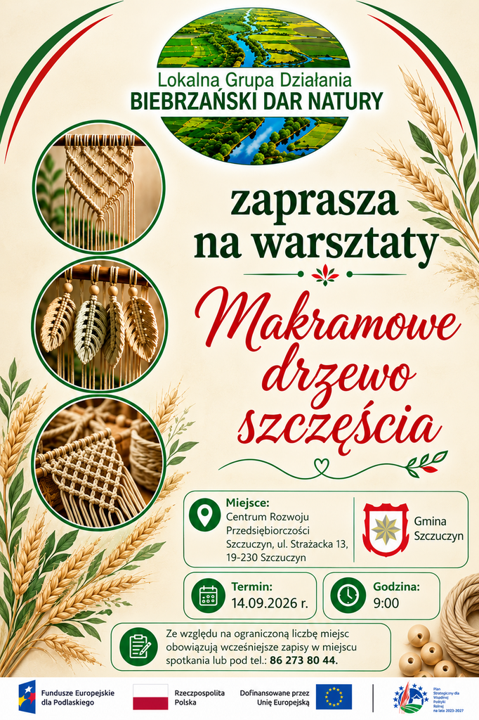 Zaproszenie na warsztaty "Makramowe drzewo Szczęścia"-Szczuczyn -14.09.2026 r.